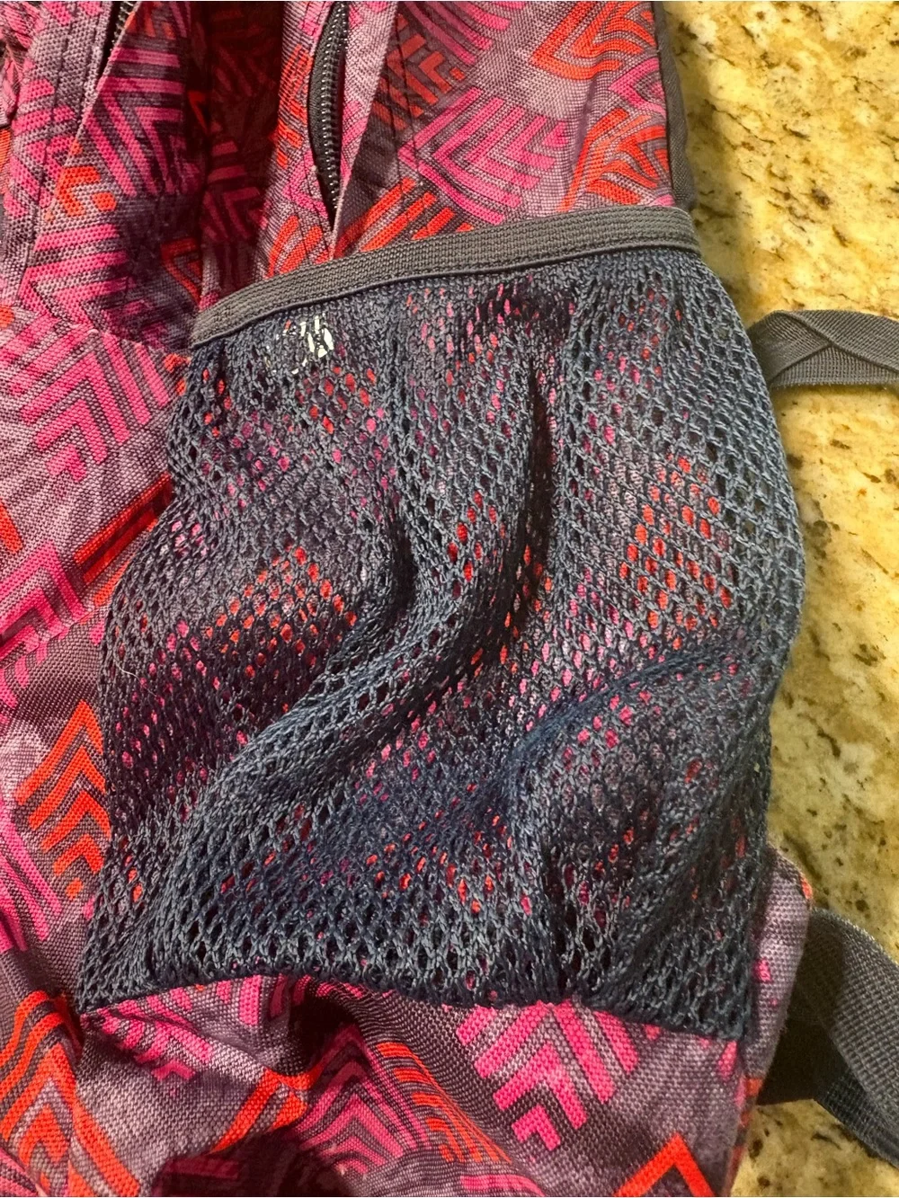Jansport Purple Backpack with Pink & Red Chevron Print no tears